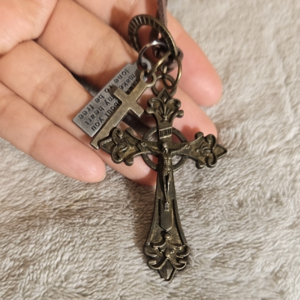 #570 Bronze Cross Pendant Necklace with Brown Cord - Picture 3 of 3